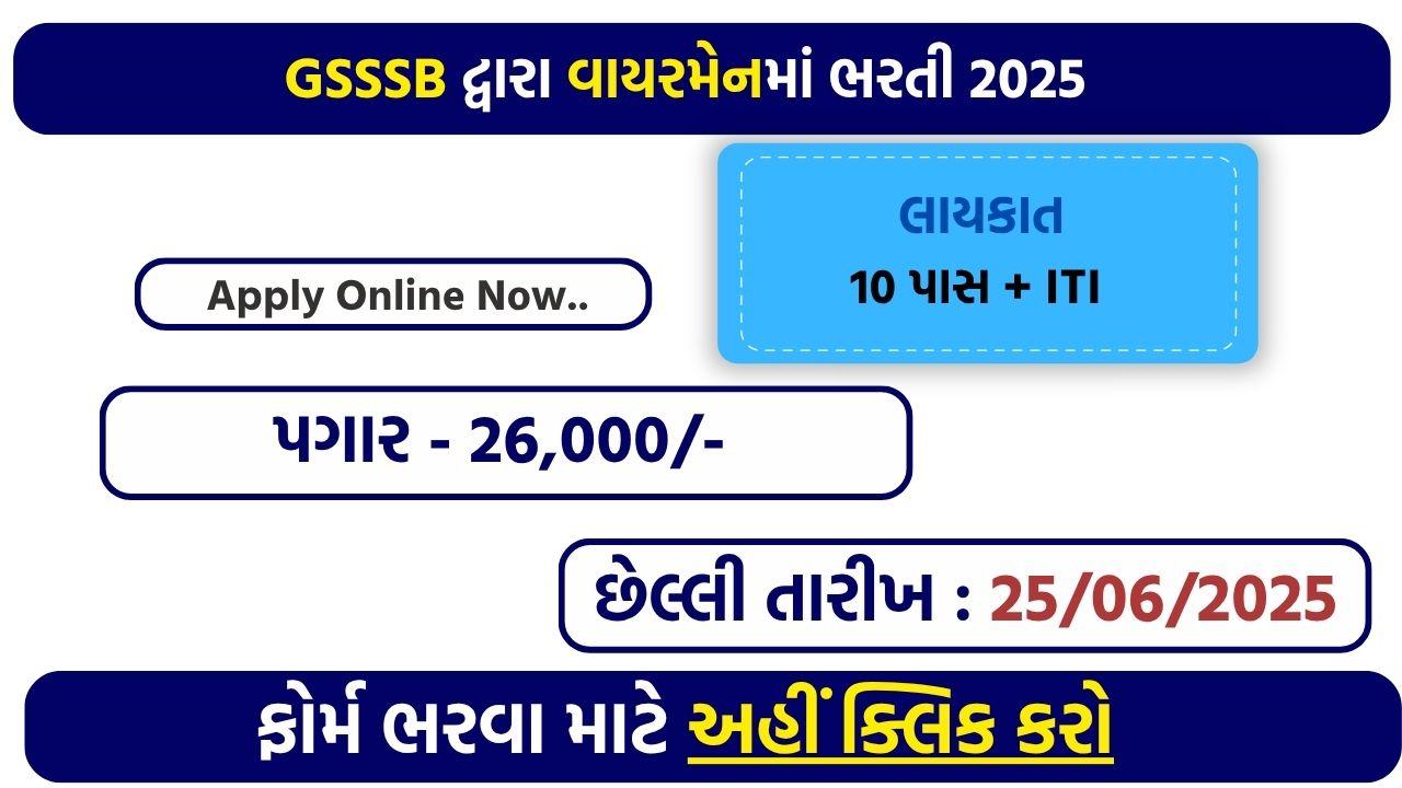 GSSSB Recruitment 2025 Apply Online for Wireman Posts